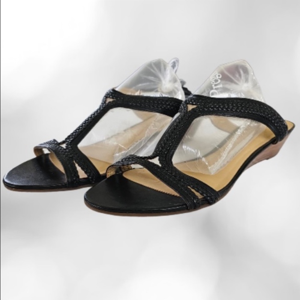 Women's Talbots Black Ankle Low Wedge Sandal. Open Toe. 7 1/2